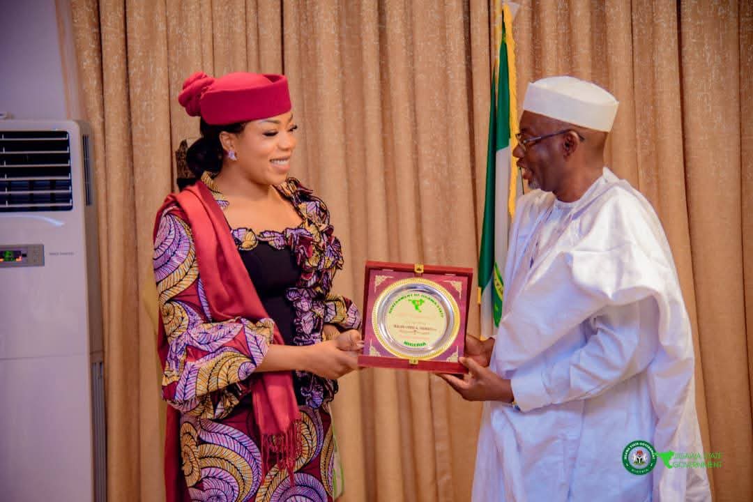 Gov. Umar Namadi of Jigawa state with Mrs Uju Rochas-Anwukah at Dutse government House on Friday FB IMG 1761325000618