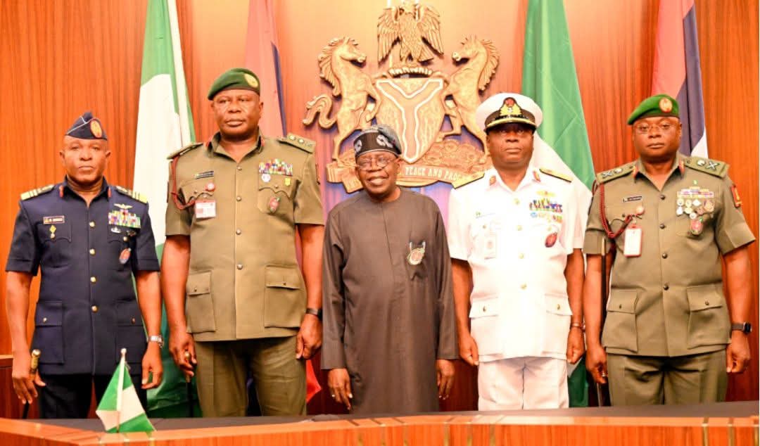 President Bola Tinubu with the newly appointed Service Chiefs. President Bola Tinubu with the newly appointed Service Chiefs.