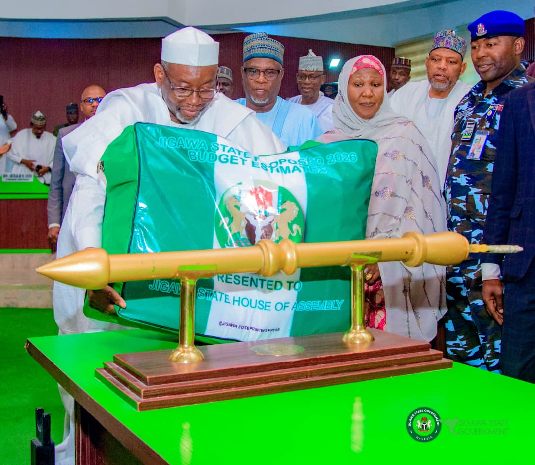 Gov. Umar Namadi of Jigawa state,  presenting the proposed 2026 budget before the state Assembly.